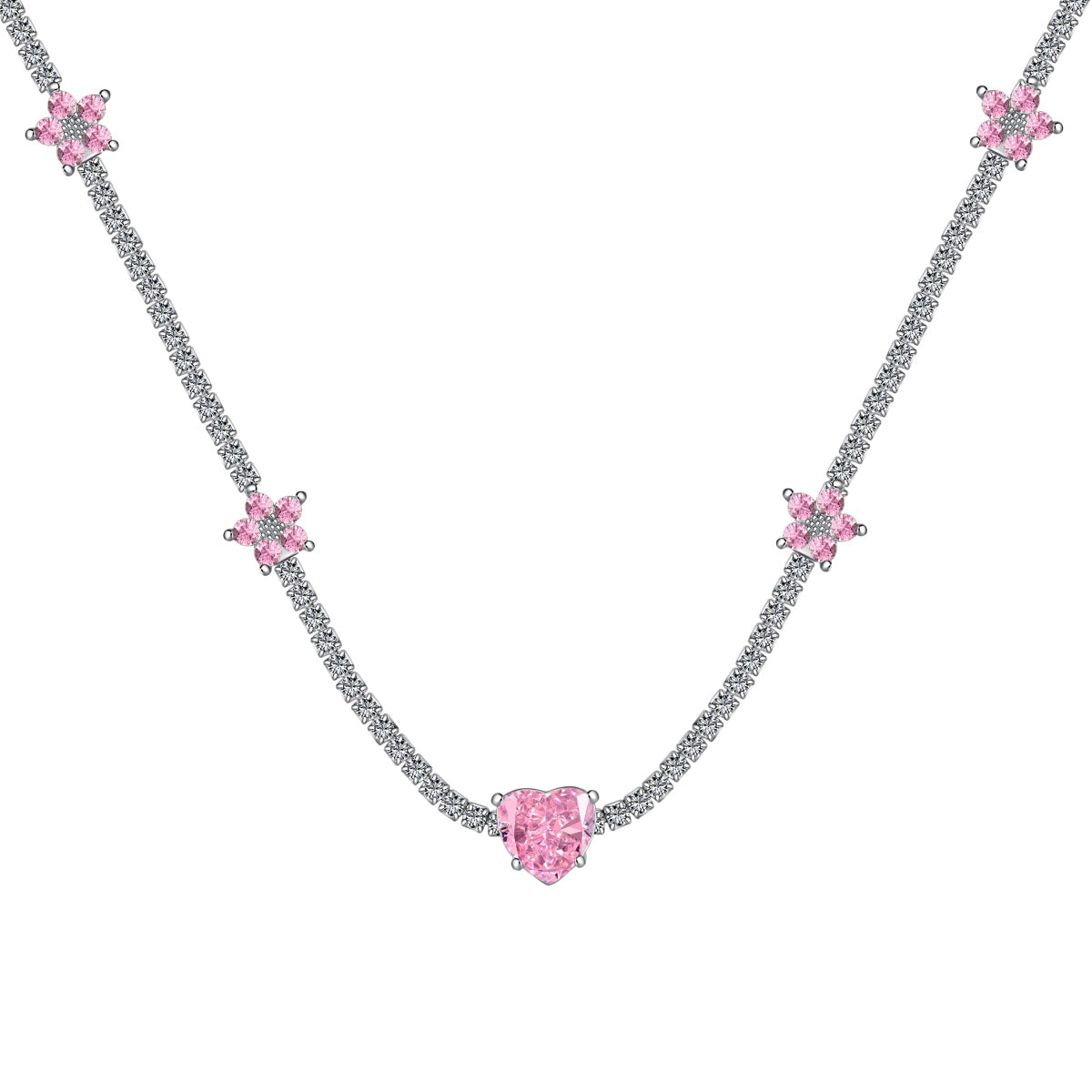 [Marin Jewelry]Dazzling Pink Heart Flower Necklace