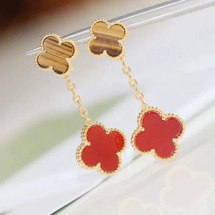 [Marin]BOUCLES D'OREILLES CLOVER 2 MOTIF ŒIL DE TIGRE ET CORNALINE