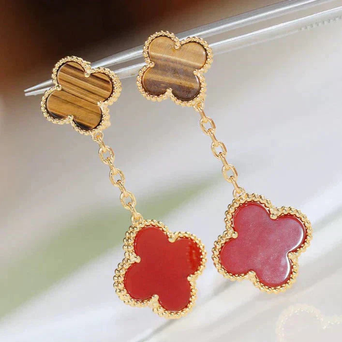 [Marin]BOUCLES D'OREILLES CLOVER 2 MOTIF ŒIL DE TIGRE ET CORNALINE