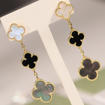 [Marin-Jewelry]CLOVER EARRINGS GOLD ONYX MOP 3 MOTIF