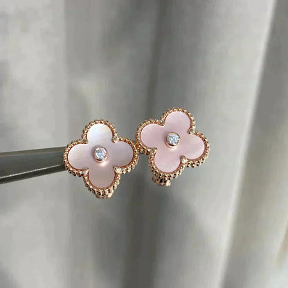 [Marin-Jewelry]CLOVER MEDIUM 1 MOTIFS  PINK MOP DIAMOND EARRINGS