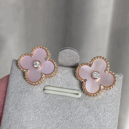 [Marin]CLOVER MEDIUM 1 MOTIFS  PINK MOP DIAMOND EARRINGS
