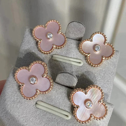 [Marin-Jewelry]CLOVER MEDIUM 1 MOTIFS  PINK MOP DIAMOND EARRINGS
