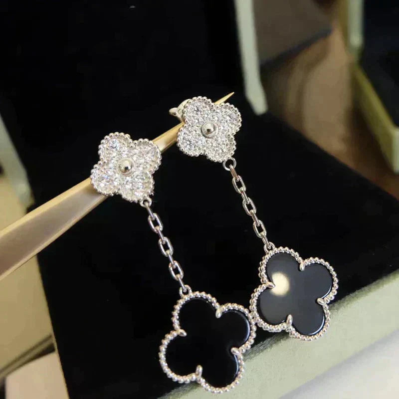 [Marin]CLOVER 2 MOTIFS DIAMANT ONYX BOUCLES D'OREILLES ARGENT