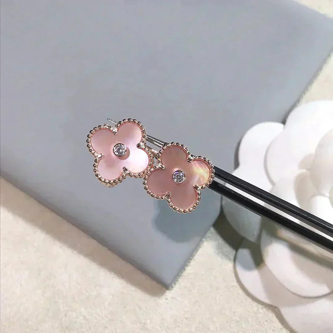 [Marin-Jewelry]CLOVER MEDIUM 1 MOTIFS  PINK MOP DIAMOND EARRINGS