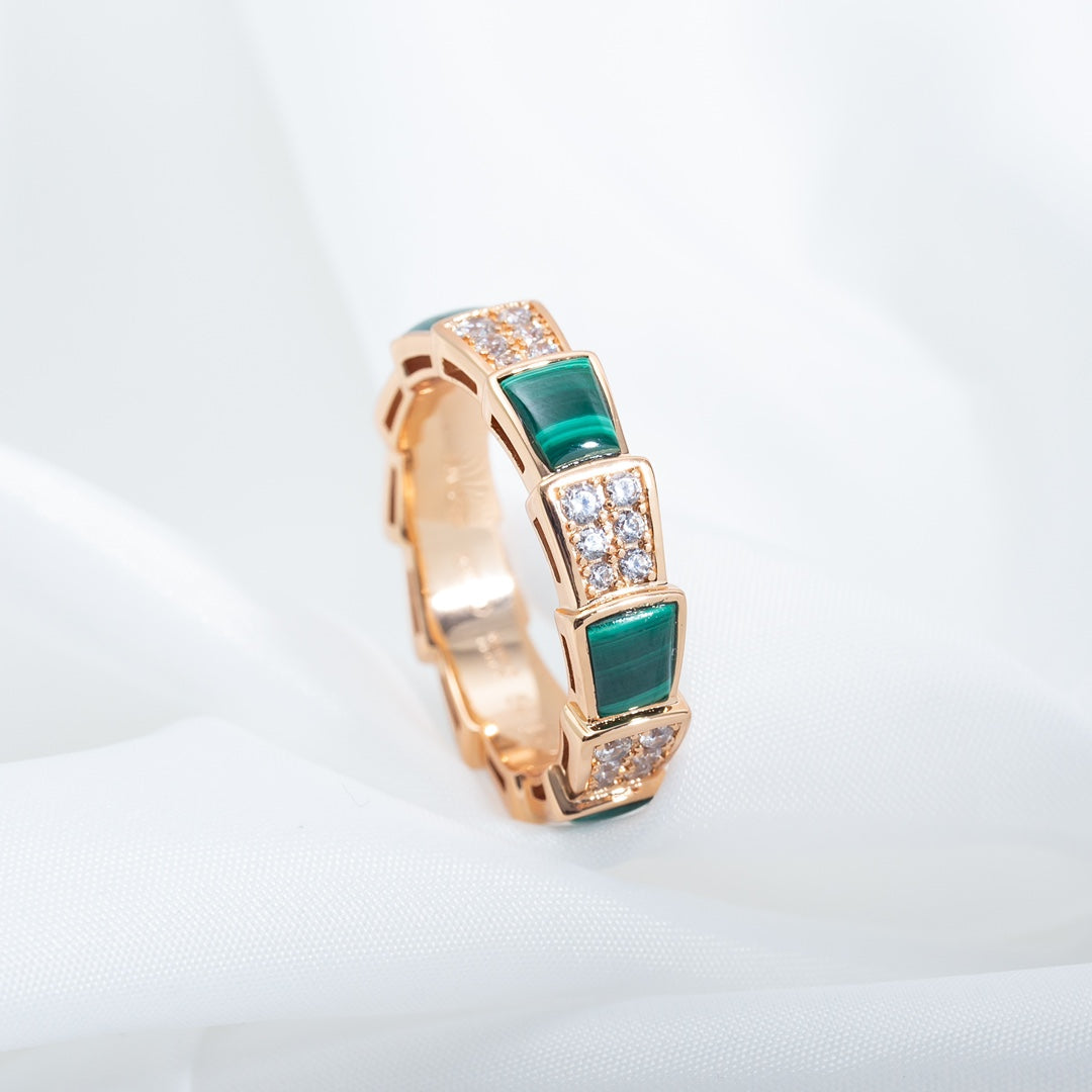 [Marin]SERPENTI RING PINK GOLD MALACHITE DIAMOND PAVED 4MM