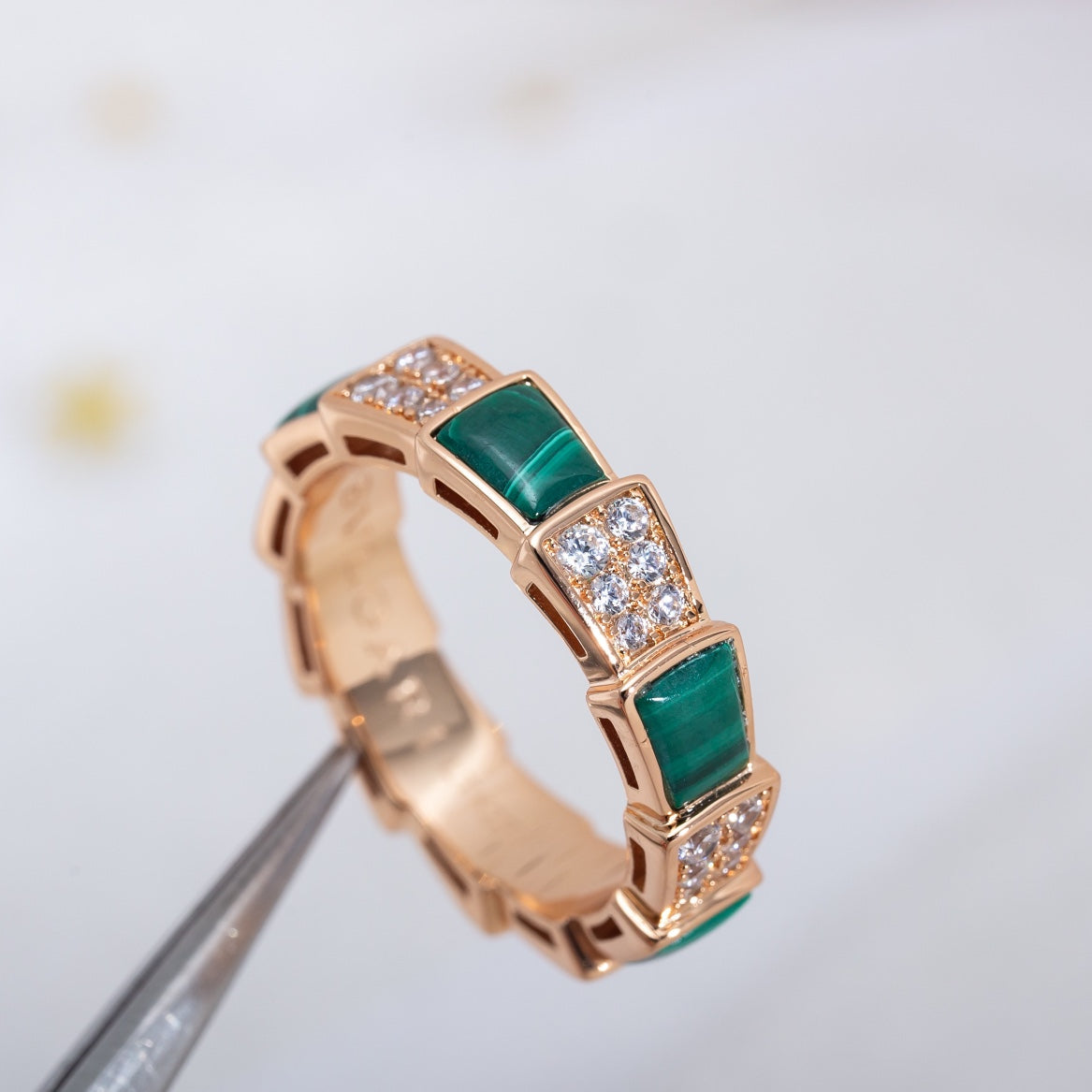[Marin]SERPENTI RING PINK GOLD MALACHITE DIAMOND PAVED 4MM