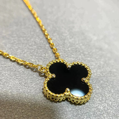 [Marin-Jewelry]CLOVER 15MM BLACK ONYX SINGLE FLOWER NECKLACE