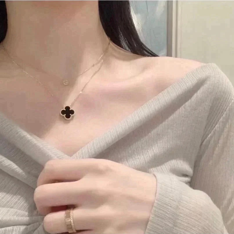 [Marin-Jewelry]CLOVER 15MM BLACK ONYX SINGLE FLOWER NECKLACE