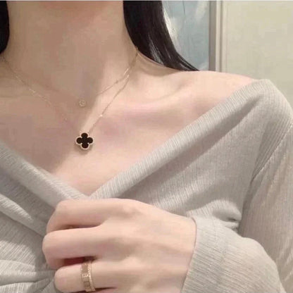 [Marin-Jewelry]CLOVER 15MM BLACK ONYX SINGLE FLOWER NECKLACE
