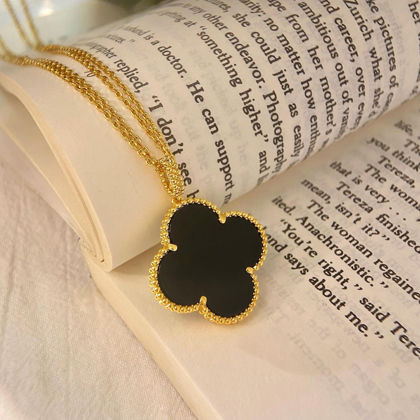 [Marin-Jewelry]CLOVER 25MM NECKLACE GOLD ONYX