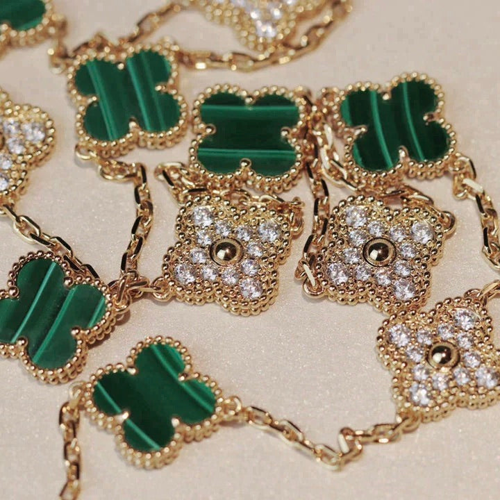 [Marin]CLOVER 20 MOTIFS MALACHITE DIAMOND NECKLACE