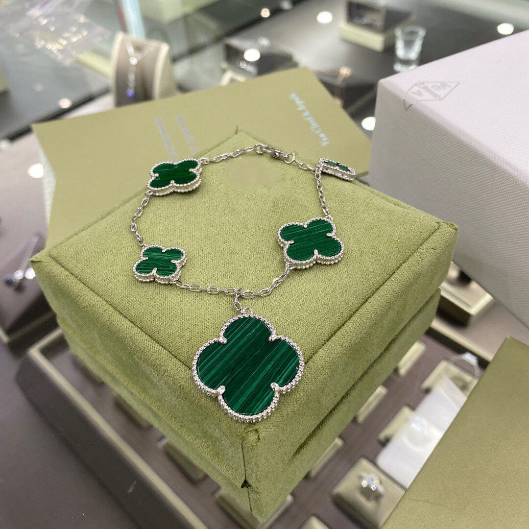 [Marin]CLOVER 5 MOTIFS SIVLER MALACHITE BRACELET