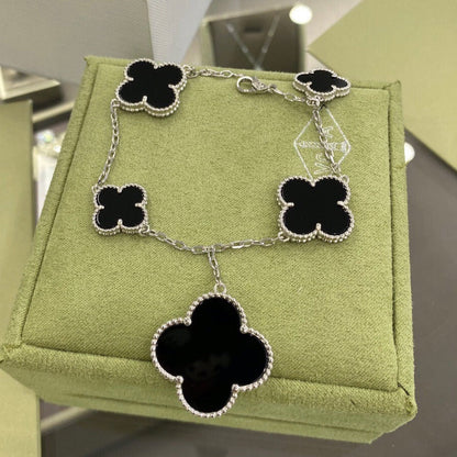 [Marin-Jewelry]CLOVER 5 MOTIFS SIVLER ONYX BRACELET