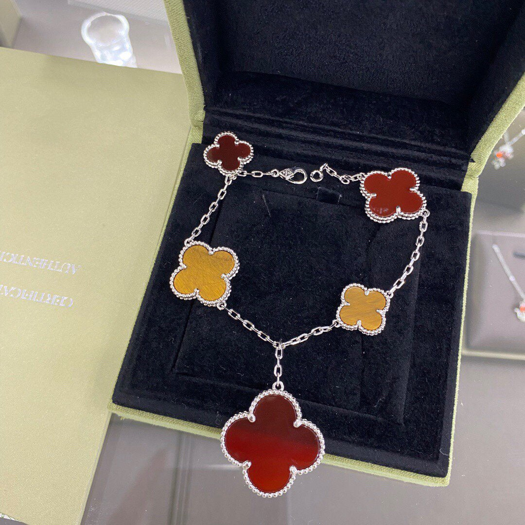 [Marin-Jewelry]CLOVER 5 MOTIFS SIVLER CARNELIAN TIGER EYE BRACELET