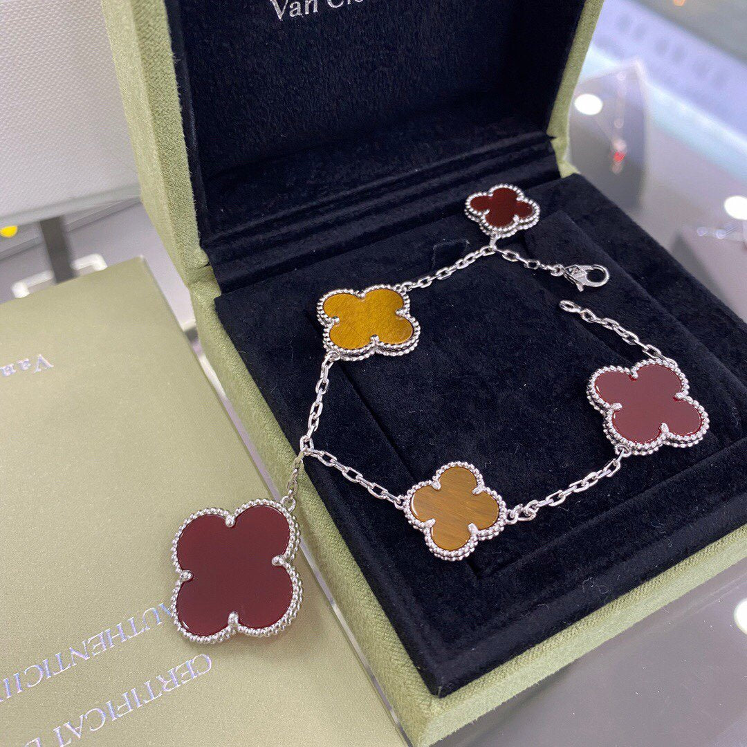 [Marin-Jewelry]CLOVER 5 MOTIFS SIVLER CARNELIAN TIGER EYE BRACELET