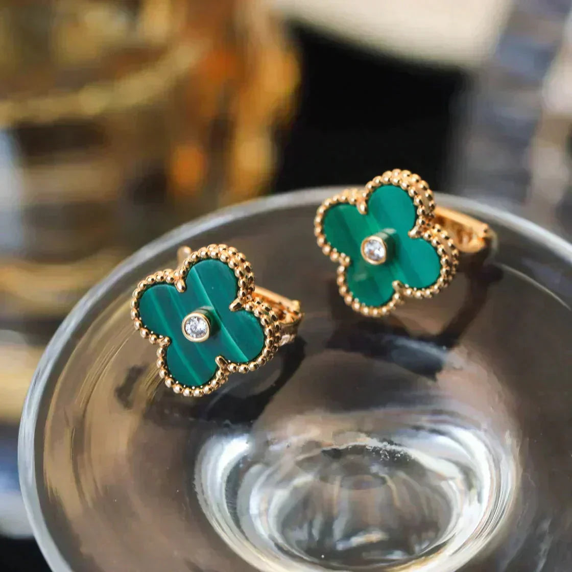 [Marin-Jewelry]CLOVER MEDIUM 1 MOTIFS MALACHITE DIAMOND EARRINGS