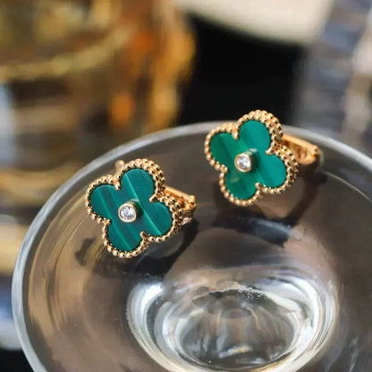 [Marin-Jewelry]CLOVER MEDIUM 1 MOTIFS MALACHITE DIAMOND EARRINGS