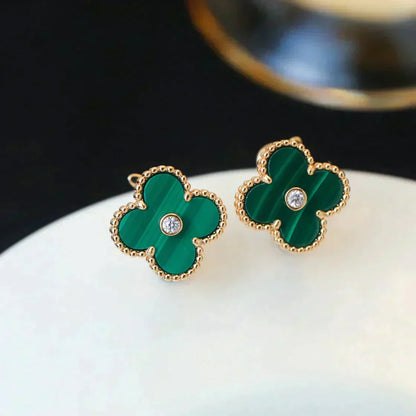 [Marin-Jewelry]CLOVER MEDIUM 1 MOTIFS MALACHITE DIAMOND EARRINGS