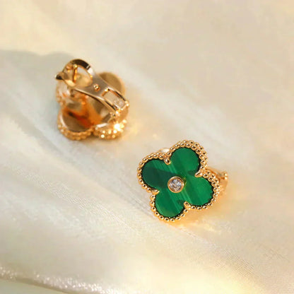 [Marin-Jewelry]CLOVER MEDIUM 1 MOTIFS MALACHITE DIAMOND EARRINGS
