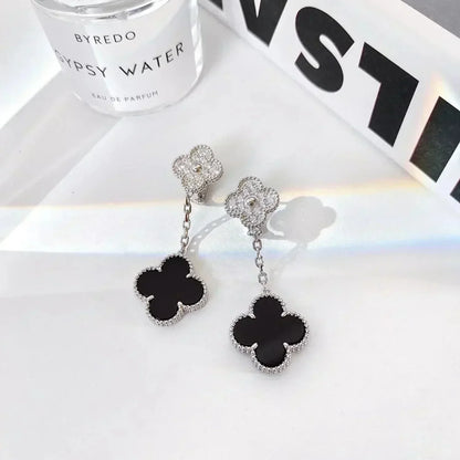 [Marin-Jewelry]CLOVER 2 MOTIFS  DIAMOND ONYX EARRINGS SILVER