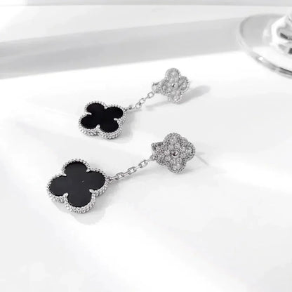 [Marin-Jewelry]CLOVER 2 MOTIFS  DIAMOND ONYX EARRINGS SILVER