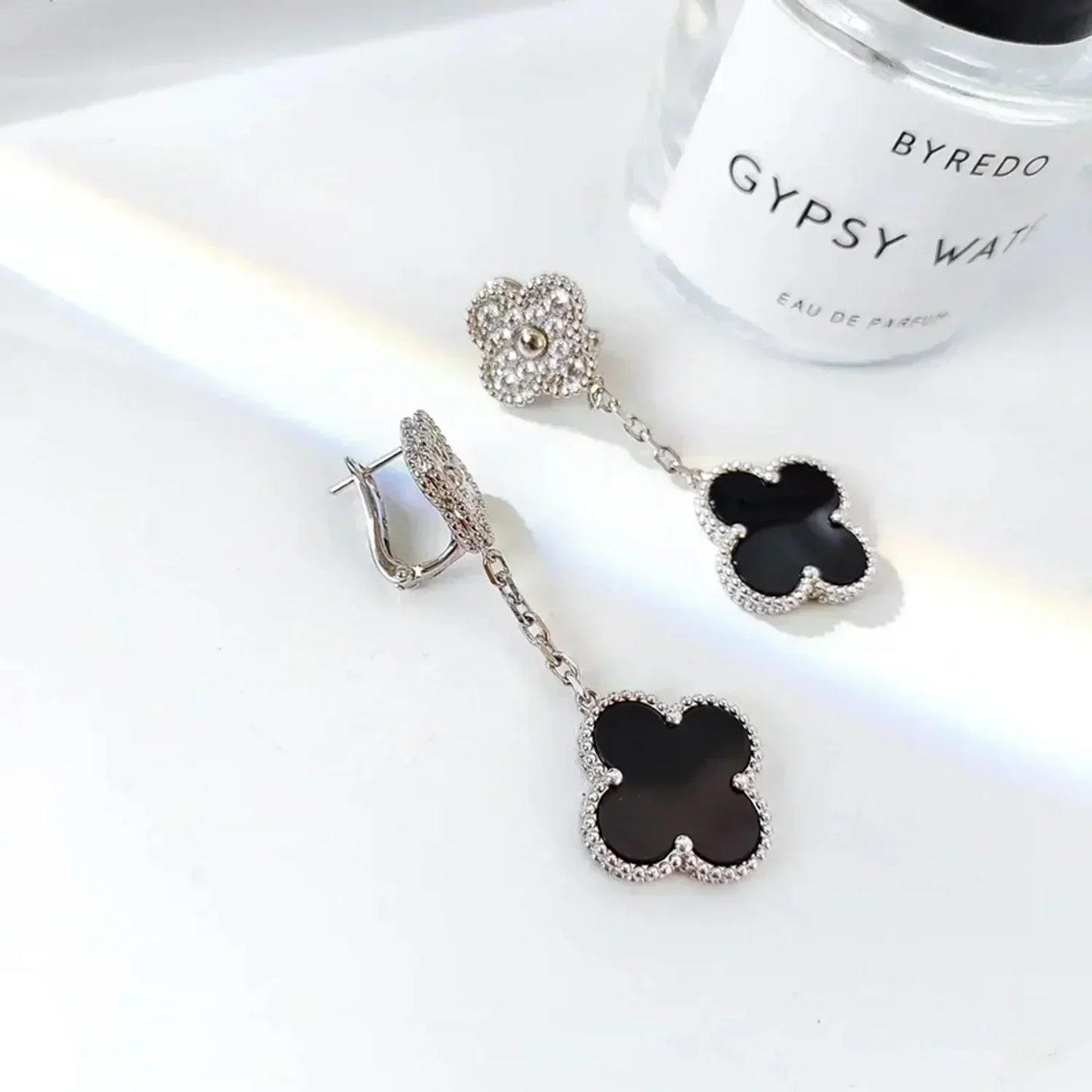 [Marin-Jewelry]CLOVER 2 MOTIFS  DIAMOND ONYX EARRINGS SILVER