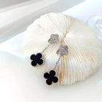 [Marin]CLOVER 2 MOTIFS DIAMANT ONYX BOUCLES D'OREILLES ARGENT