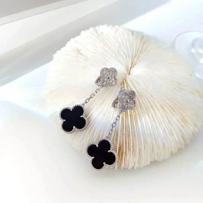 [Marin-Jewelry]CLOVER 2 MOTIFS  DIAMOND ONYX EARRINGS SILVER