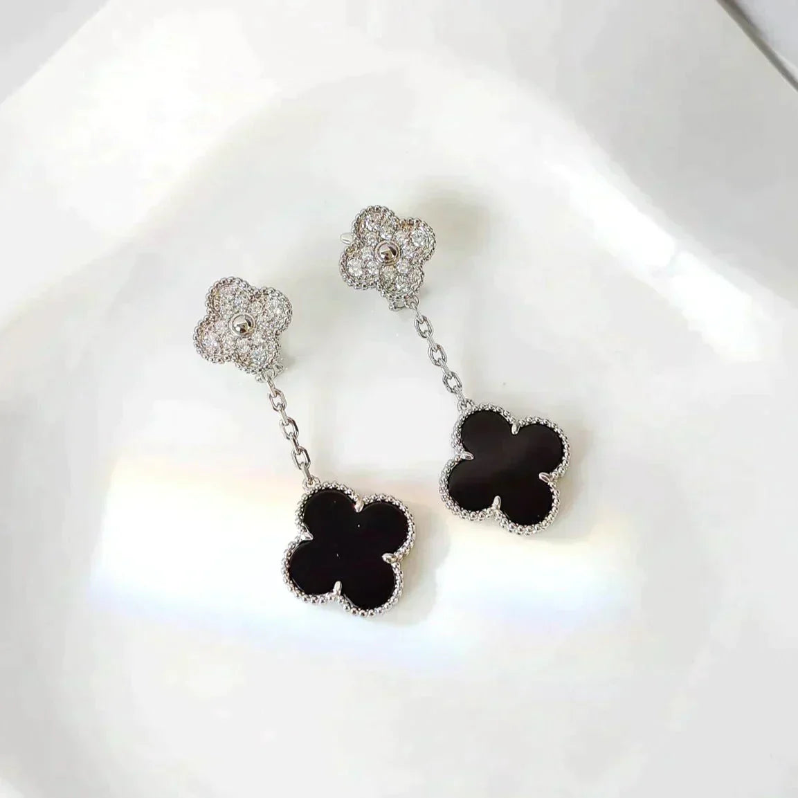[Marin-Jewelry]CLOVER 2 MOTIFS  DIAMOND ONYX EARRINGS SILVER
