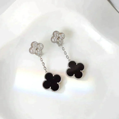 [Marin-Jewelry]CLOVER 2 MOTIFS  DIAMOND ONYX EARRINGS SILVER