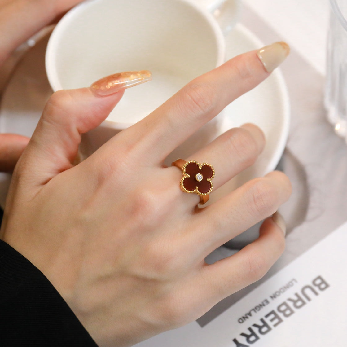 [Marin]CLOVER CARNELIAN RING ROSE GOLD DIAMOND