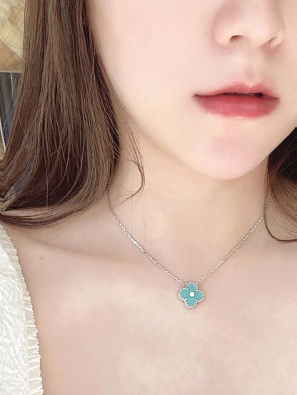 [Marin-Jewelry]CLOVER 1 DIAMOND LIGHT BLUE SILVER NECKLACE