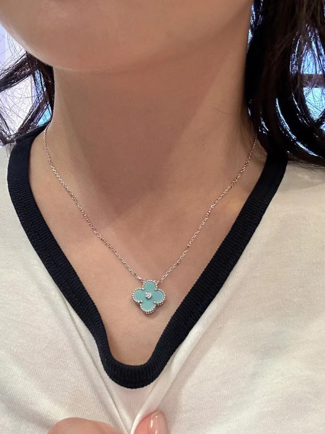[Marin]COLLIER CLOVER 1 DIAMANT BLEU CLAIR ARGENT