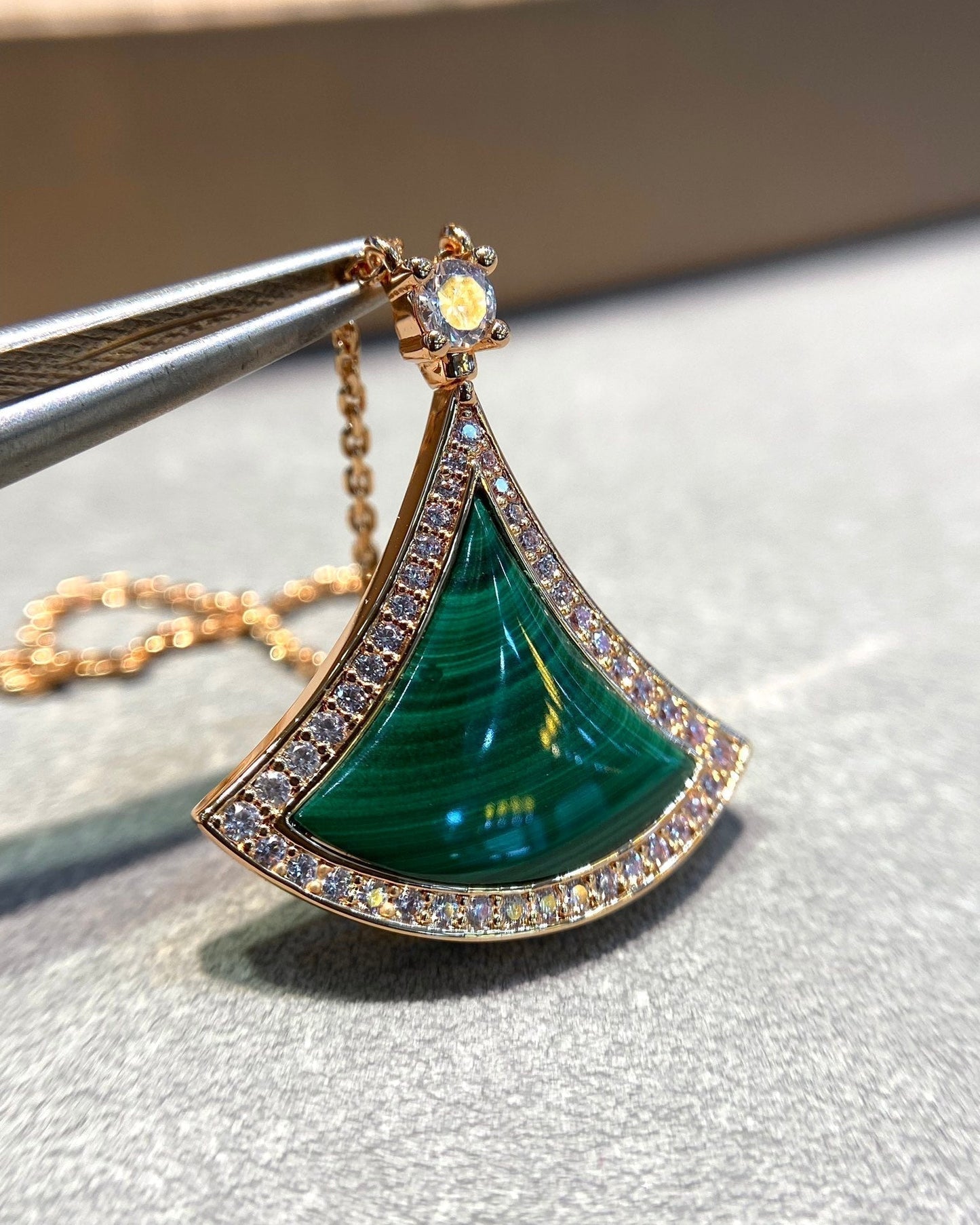 [Marin]DREAM MALACHITE DIAMOND PAVED PINK GOLD NECKLACE