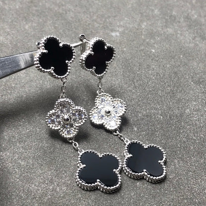 [Marin]CLOVER 3 MOTIF DIAMOND ONYX SILVER EARRINGS