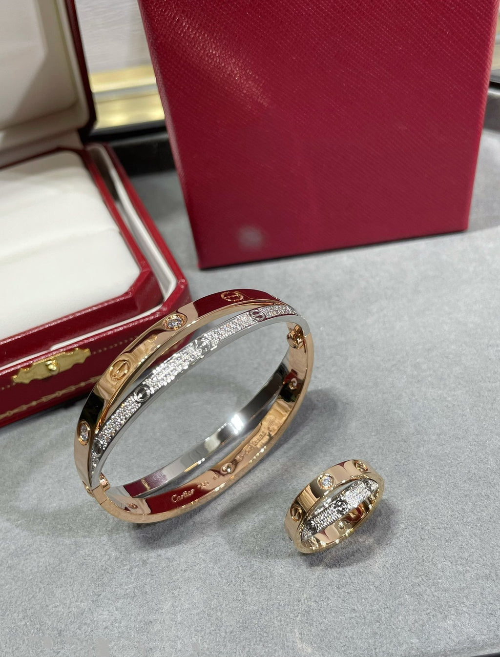 [Marin]BAGUE DOUBLE EN OR ROSE ET ARGENT AVEC DIAMANTS