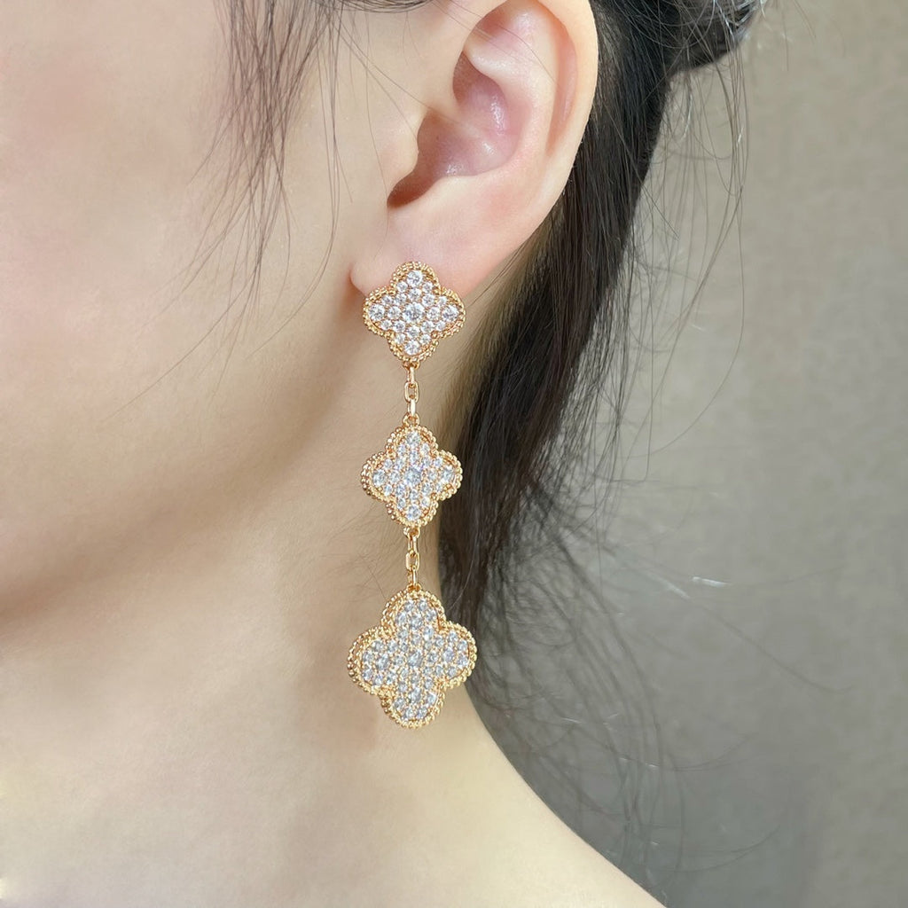 [Marin]BOUCLES D'OREILLES CLOVER 3 MOTIFS DIAMANTS PAVÉS EN OR ROSE