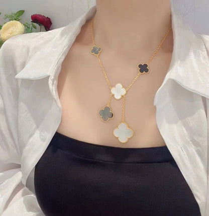 [Marin-Jewelry]クローバー 6モチーフ 白蝶貝 オニキス ゴールドネックレス