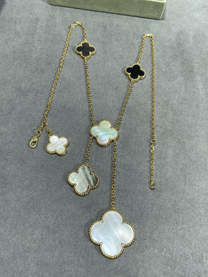 [Marin-Jewelry]クローバー 6モチーフ 白蝶貝 オニキス ゴールドネックレス
