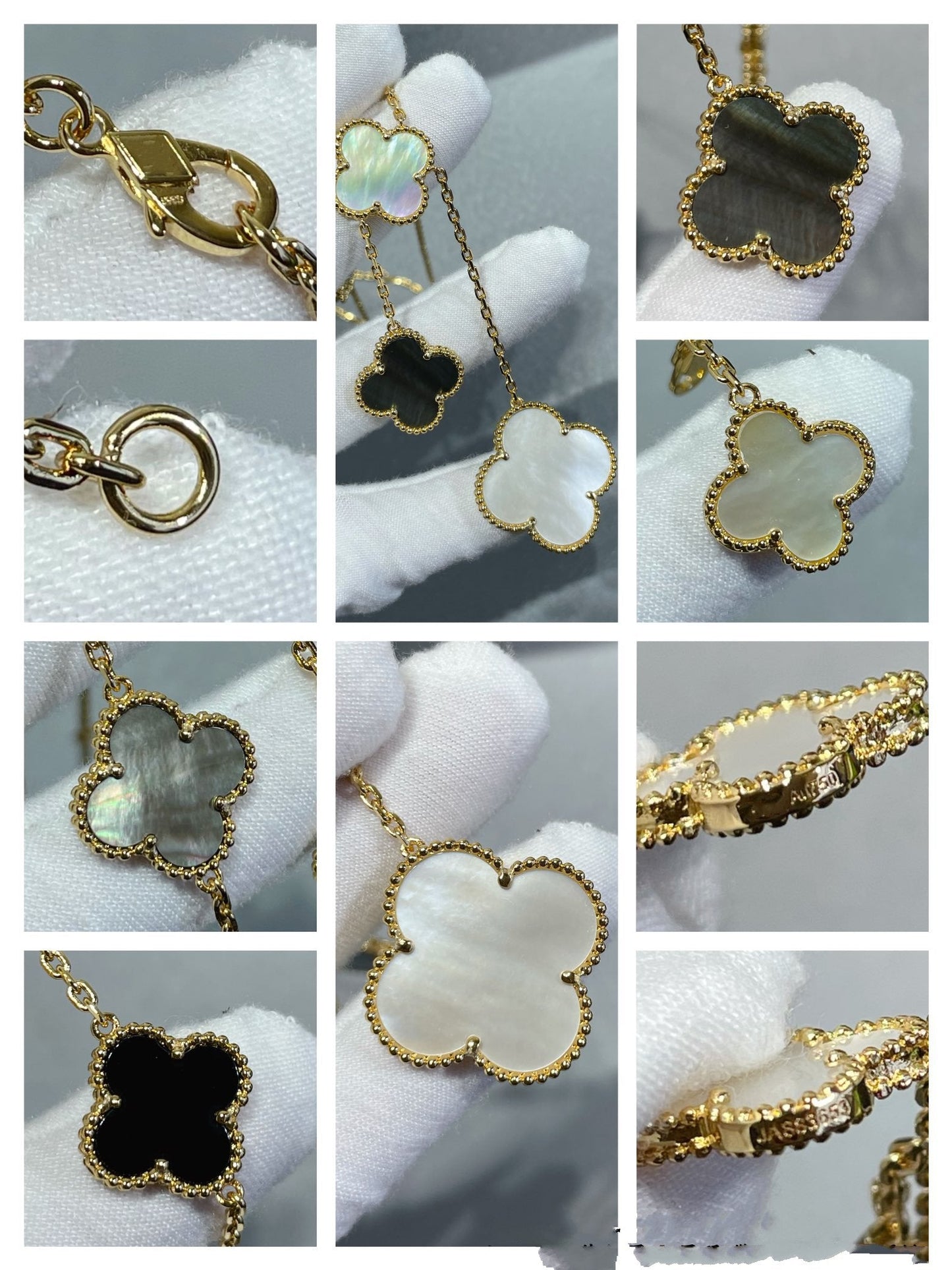 [Marin-Jewelry]クローバー 6モチーフ 白蝶貝 オニキス ゴールドネックレス