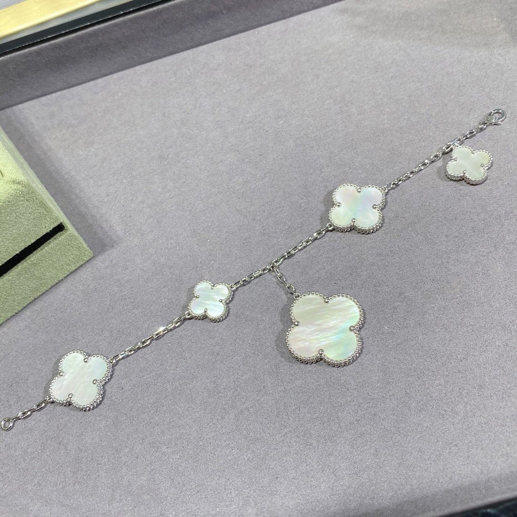 [Marin]BRACELET CLOVER 5 MOTIFS NACRE BLANCHE ARGENT