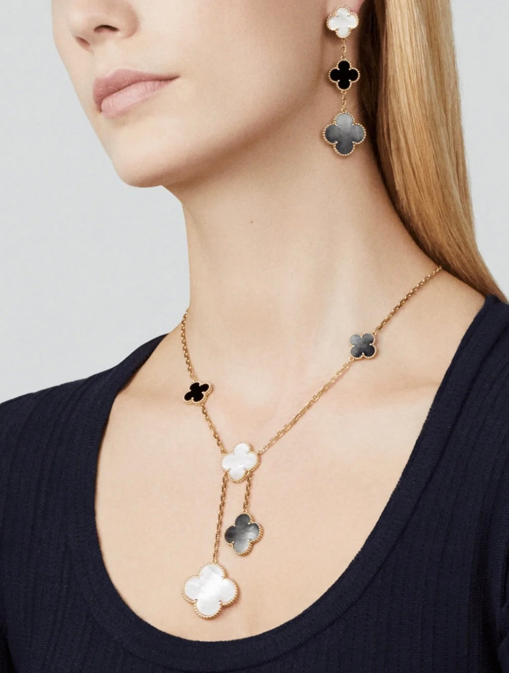 [Marin]CLOVER 3 MOTIF MOP ONYX DARK MOP PINK GOLD EARRINGS