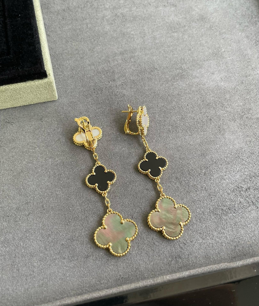 [Marin]CLOVER 3 MOTIF MOP ONYX DARK MOP PINK GOLD EARRINGS