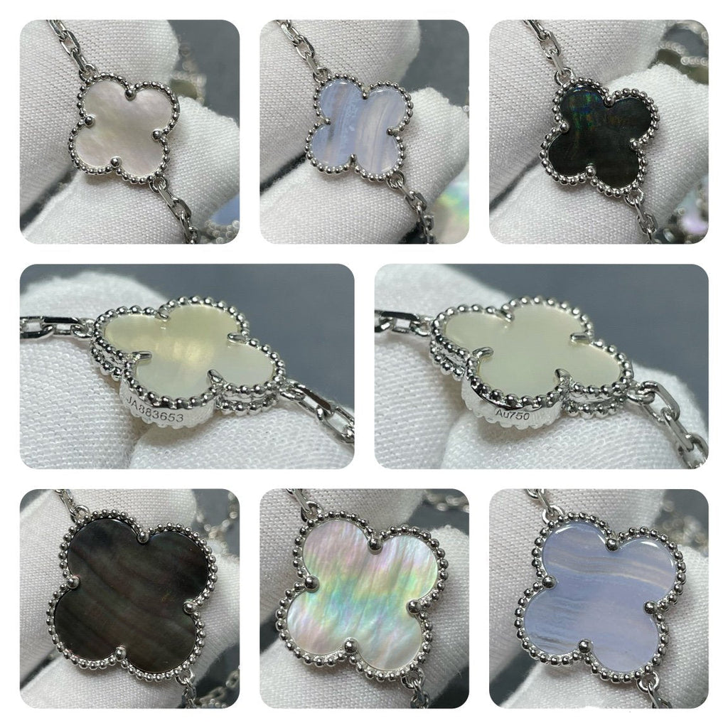 [Marin]COLLIER TRÈFLE 16 MOTIF CHALCEDOINE NACRE ARGENT