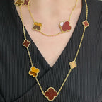 [Marin]CLOVER 16 MOTIF CARNELIAN TIGER EYE ROSE GOLD NECKLACE
