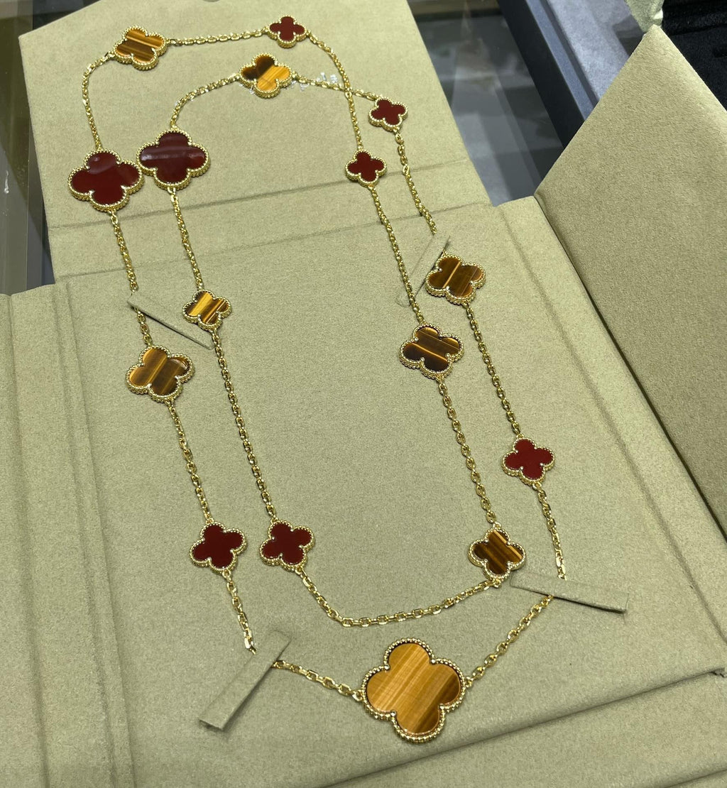 [Marin]CLOVER 16 MOTIF CARNELIAN TIGER EYE ROSE GOLD NECKLACE