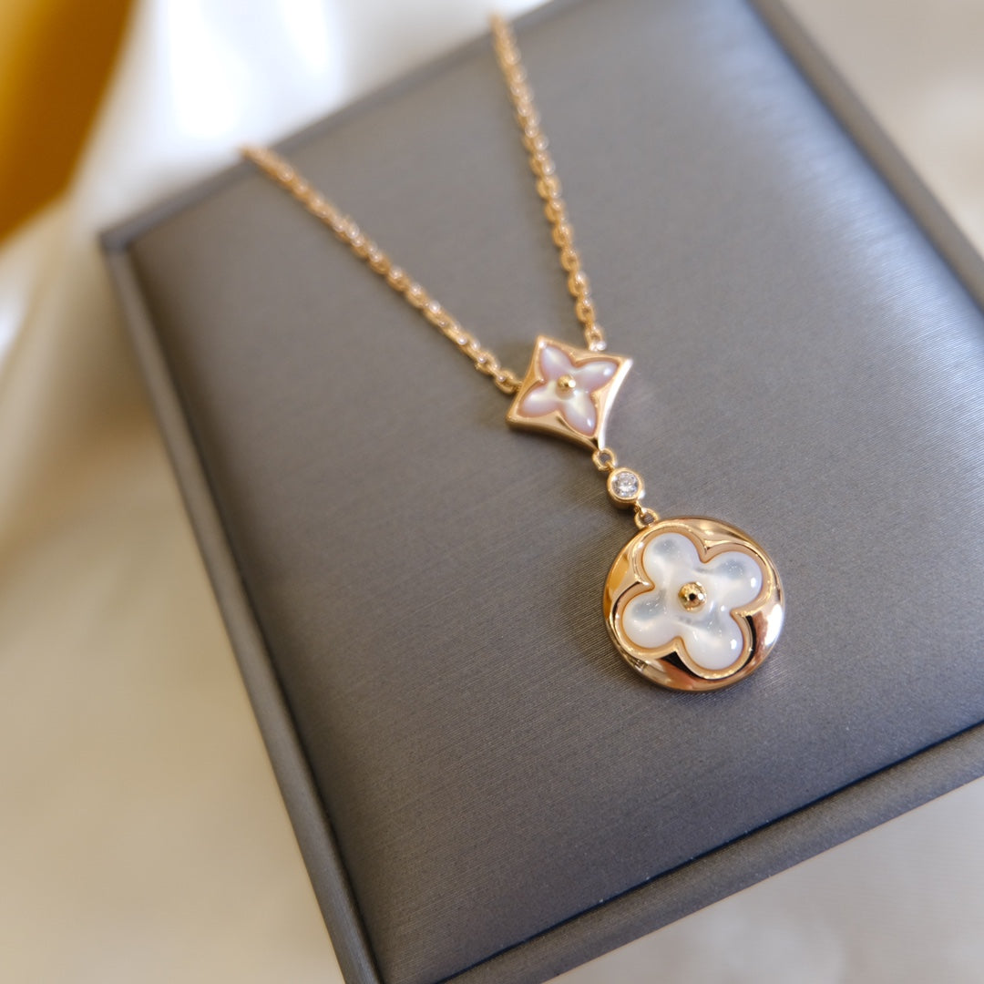 [Marin-Jewelry]STAR AND SUN WHITE MOP 2 MOTIF PINK GOLD NECKLACE