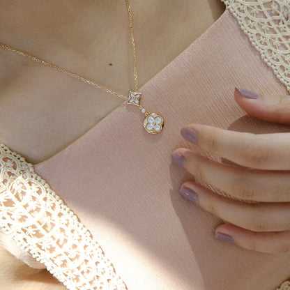 [Marin-Jewelry]STAR AND SUN WHITE MOP 2 MOTIF PINK GOLD NECKLACE