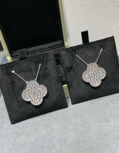 [Marin-Jewelry]CLOVER 25MM LARGE PENDANT DIAMOND PAVED SILVER NECKLACE